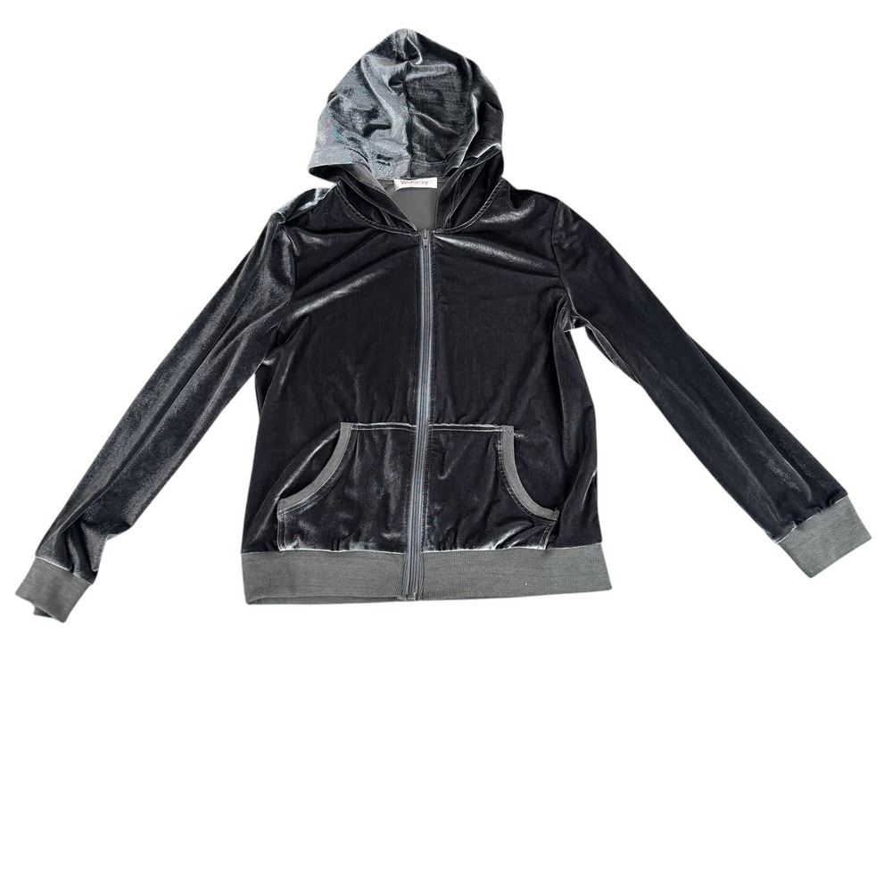 Veseacky Gray Velvet Zip Up Hoodie Small Y2K Velour Shimmer Hooded Sweatshirt